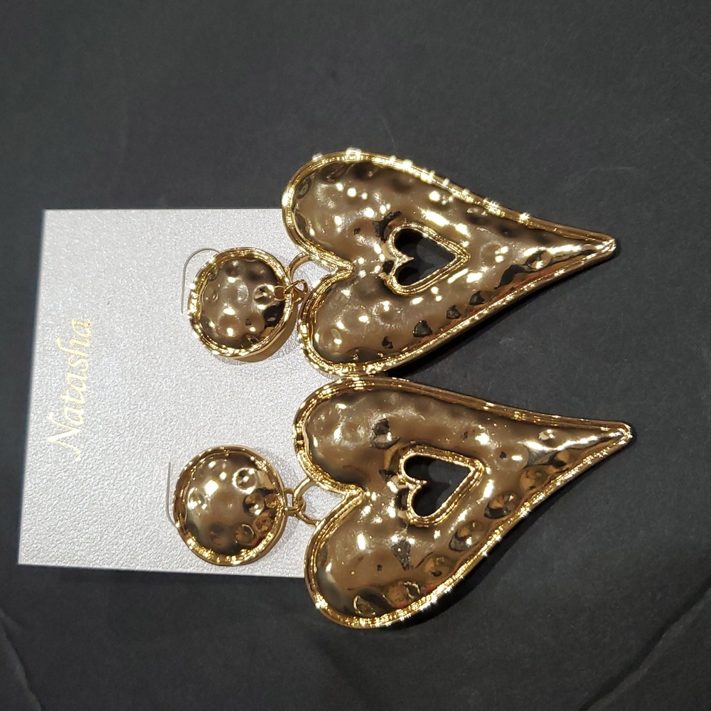 Natasha couture gold tone hammered giant puffy heart shaped 2tiered earrings new